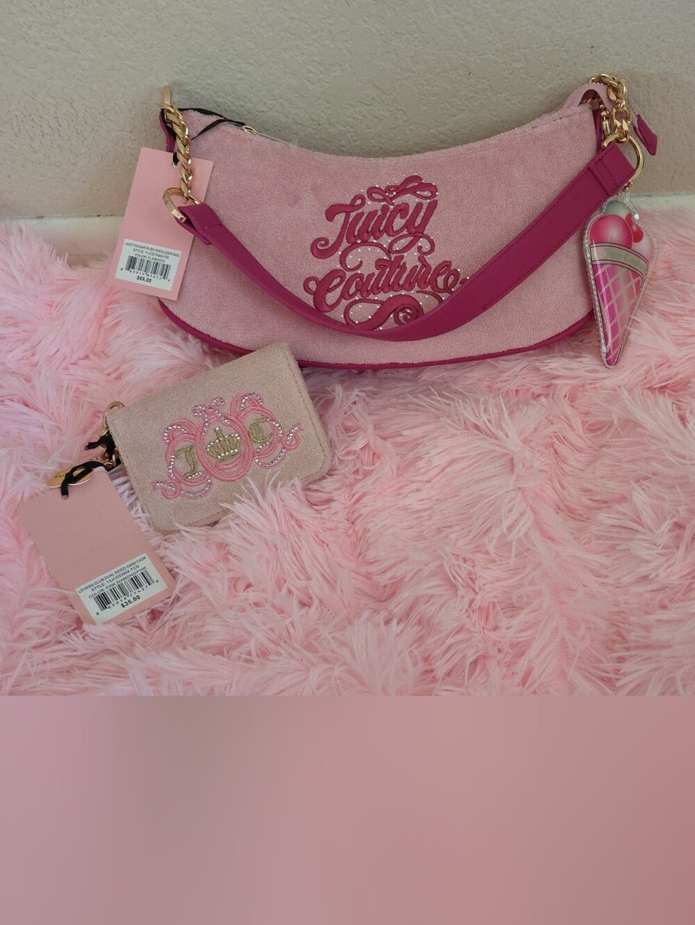 Juicy Couture Pink Suede Shoulder Bag with Hot Pink Strap and Gold Accents